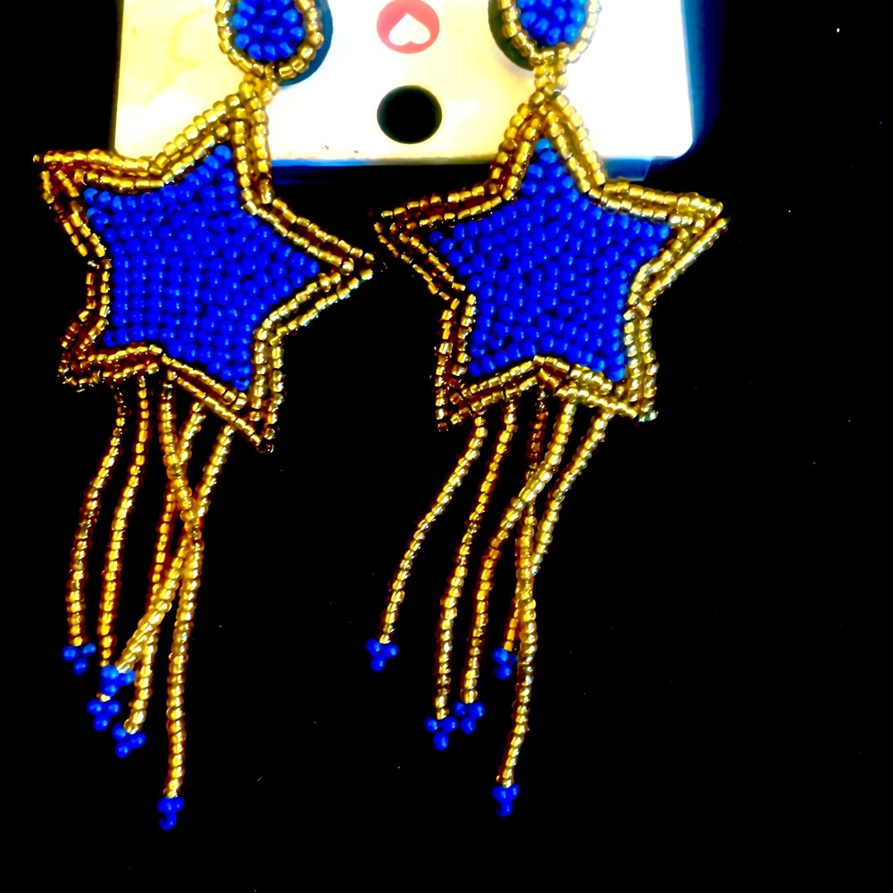 Gold and blue beaded dangle earrings